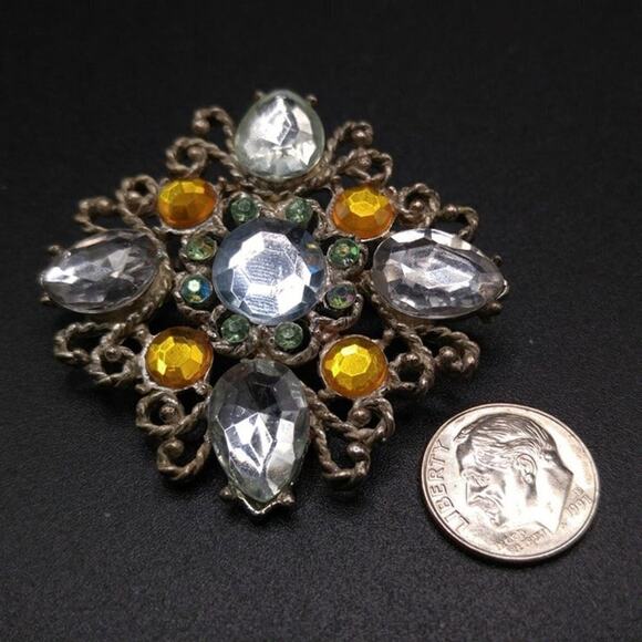 Vintage Filigree Rhinestone Brooch, Clear, Light Topaz, Green AB Rhinestones, 2" - Picture 5 of 6